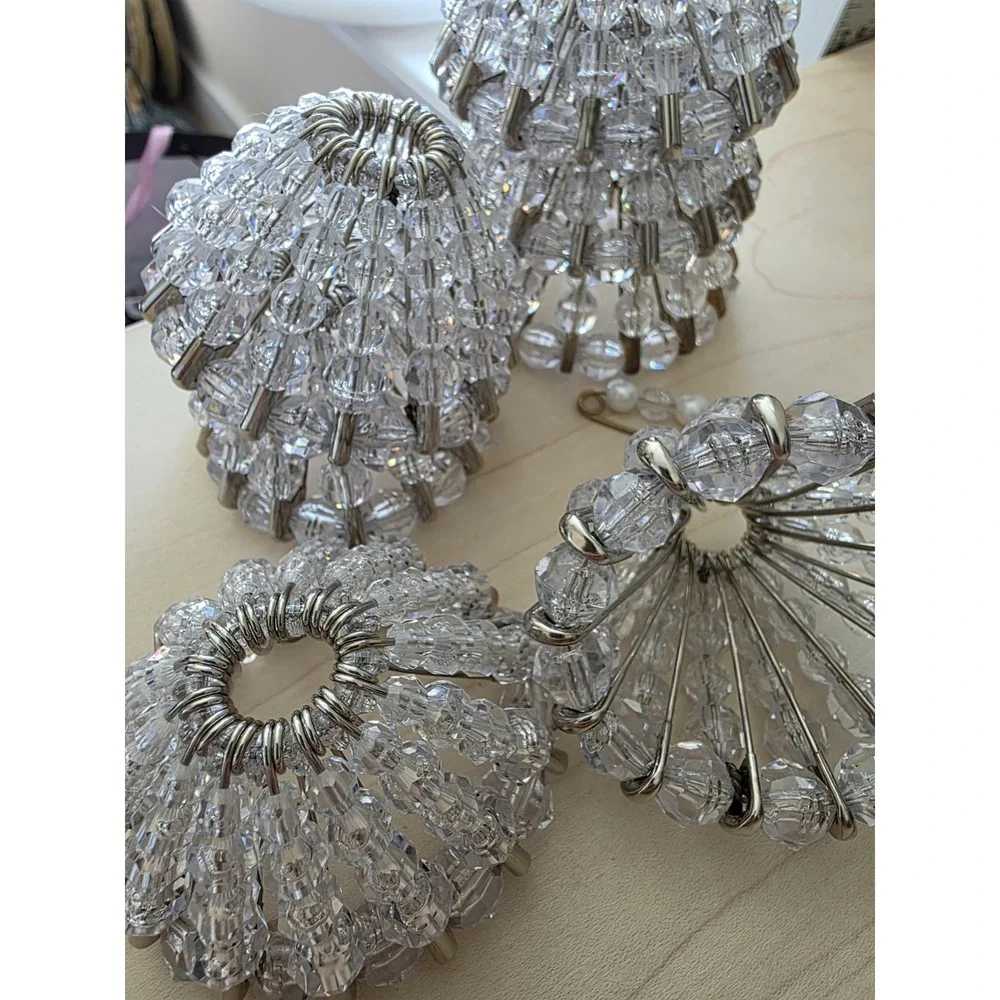 Vintage Beaded Safety Pin Christmas Ornaments Clear Crystal Look Lot of 7